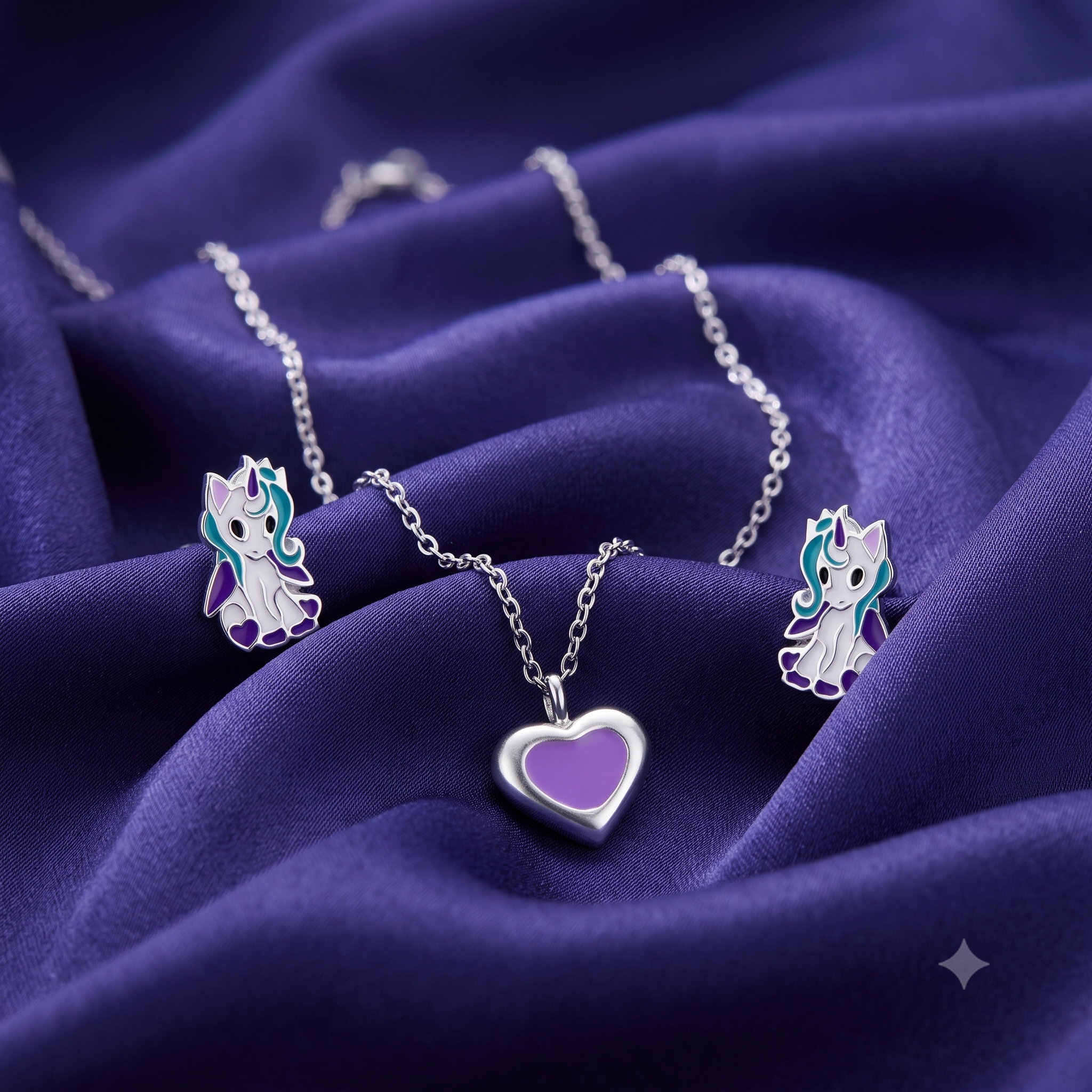 Silver Heart-Unicorn Necklace Set