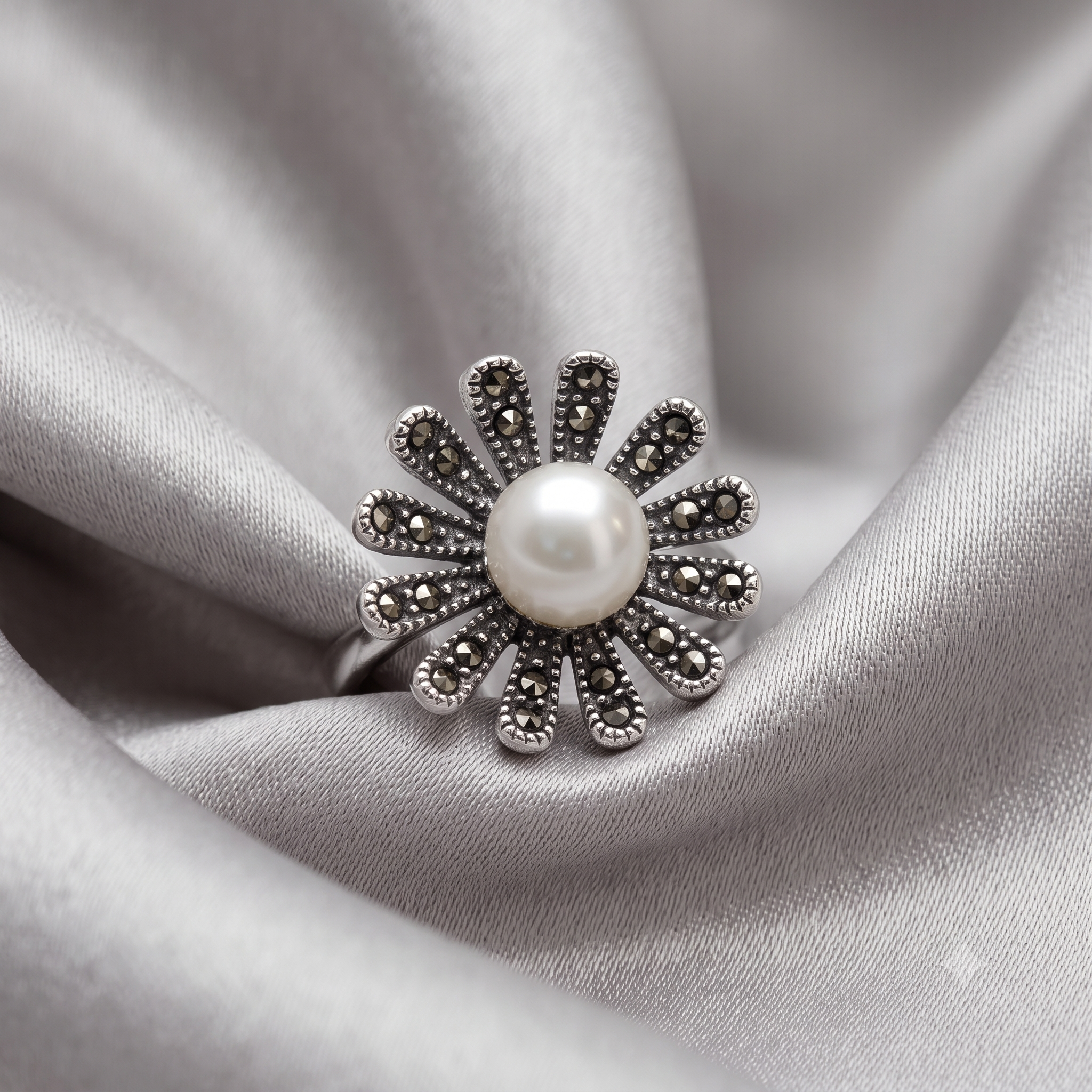 Silver Marcasite & Pearl Flower Ring