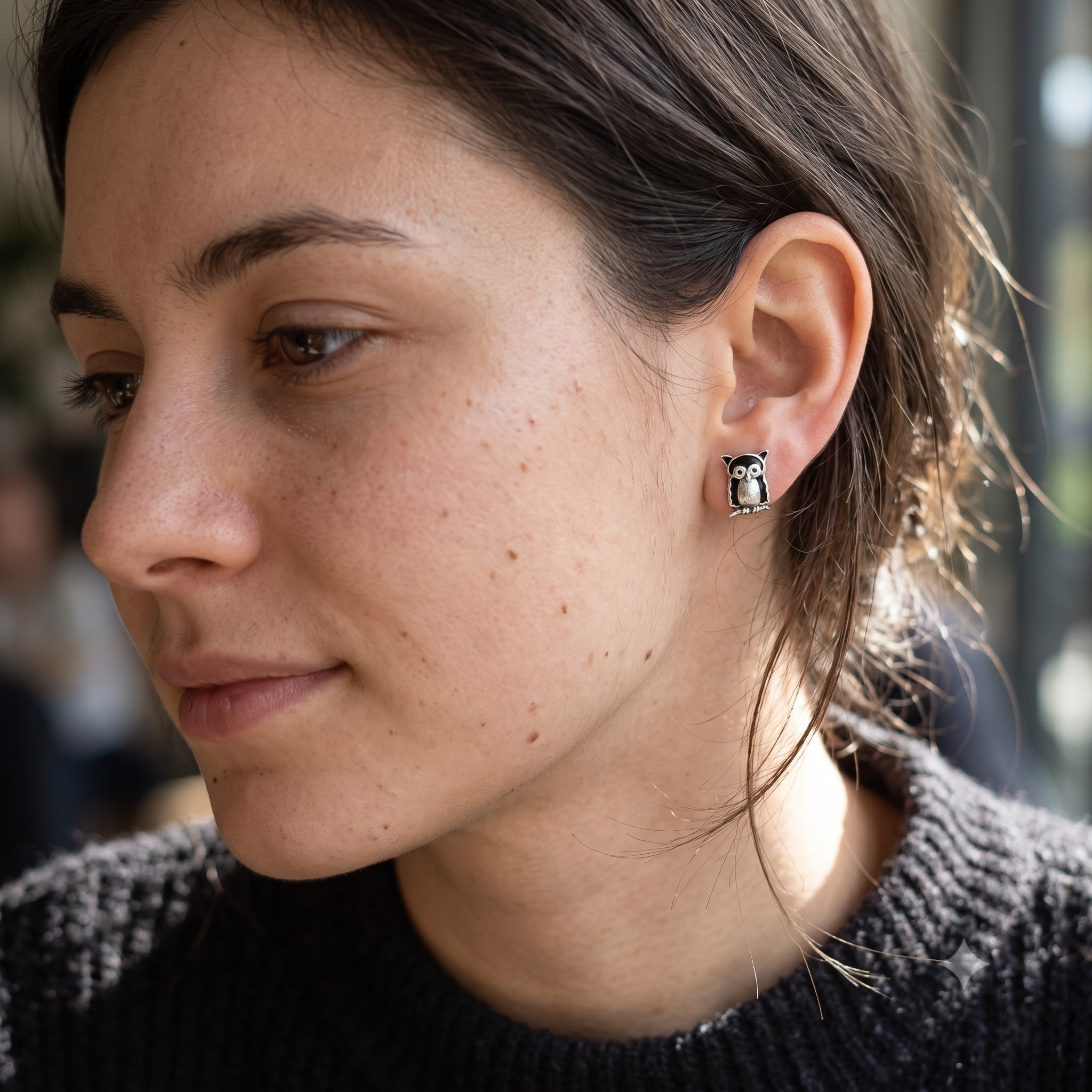 Silver Black Owl Earrings