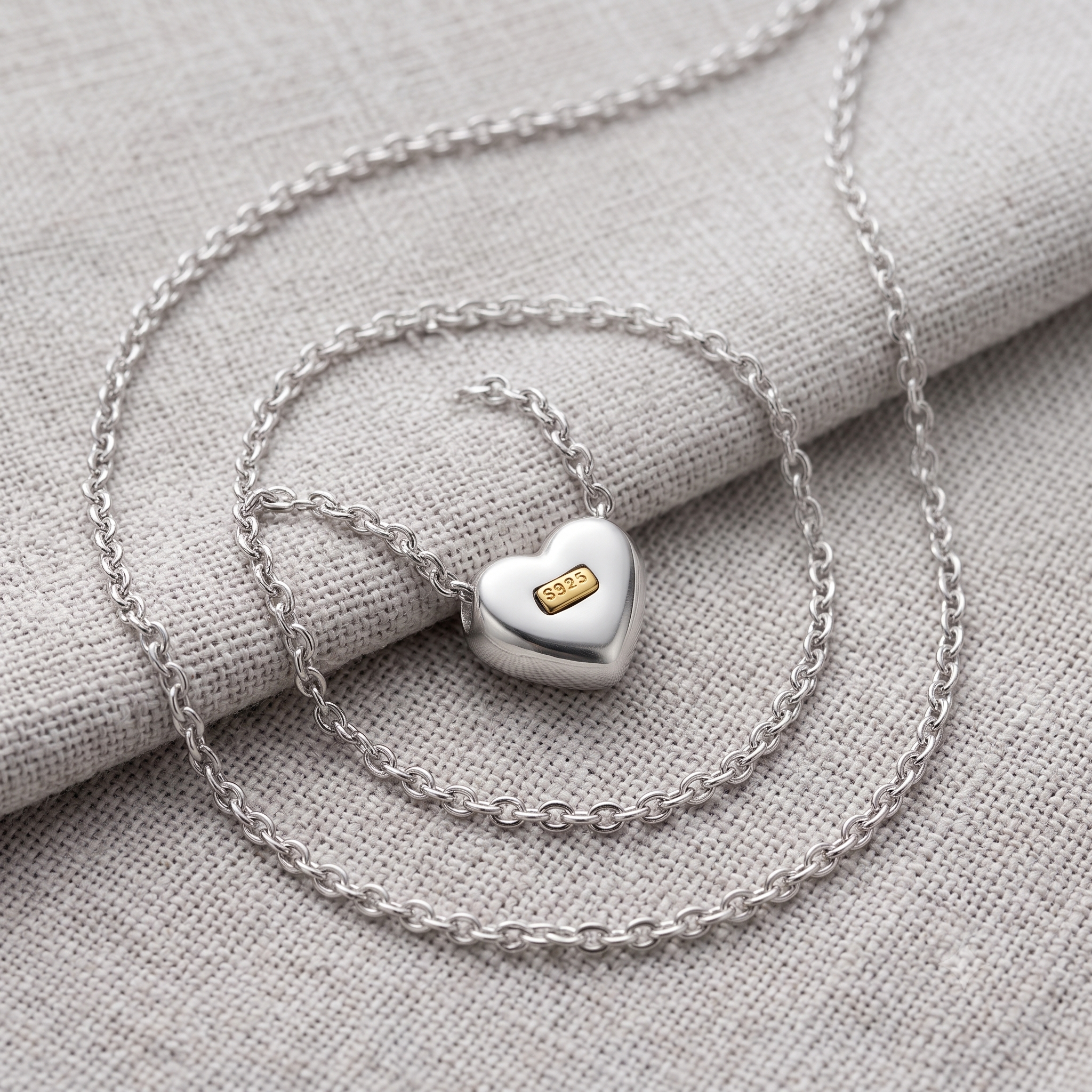 A silver heart-shaped pendant necklace with a small gold accent on the front, displayed on a textured beige linen fabric.