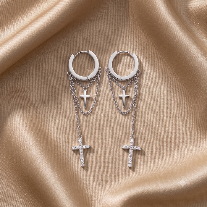 Silver Dangling Cross on Chain Hoop Earrings