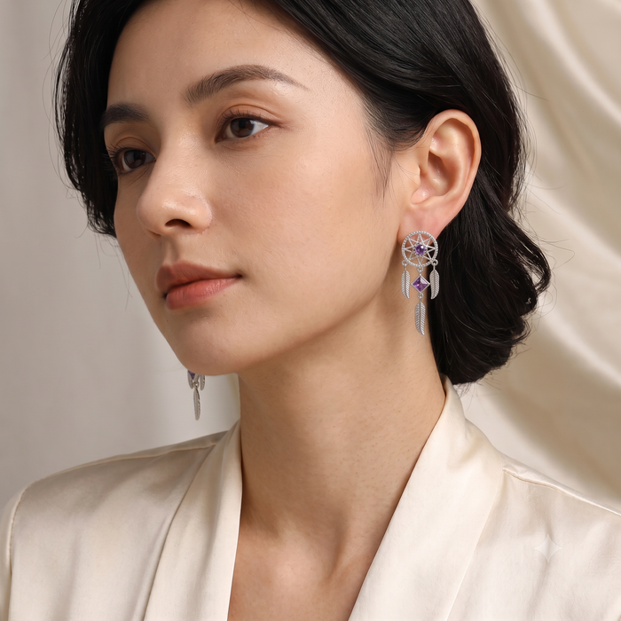 Silver Amethyst Dream Catcher Earrings