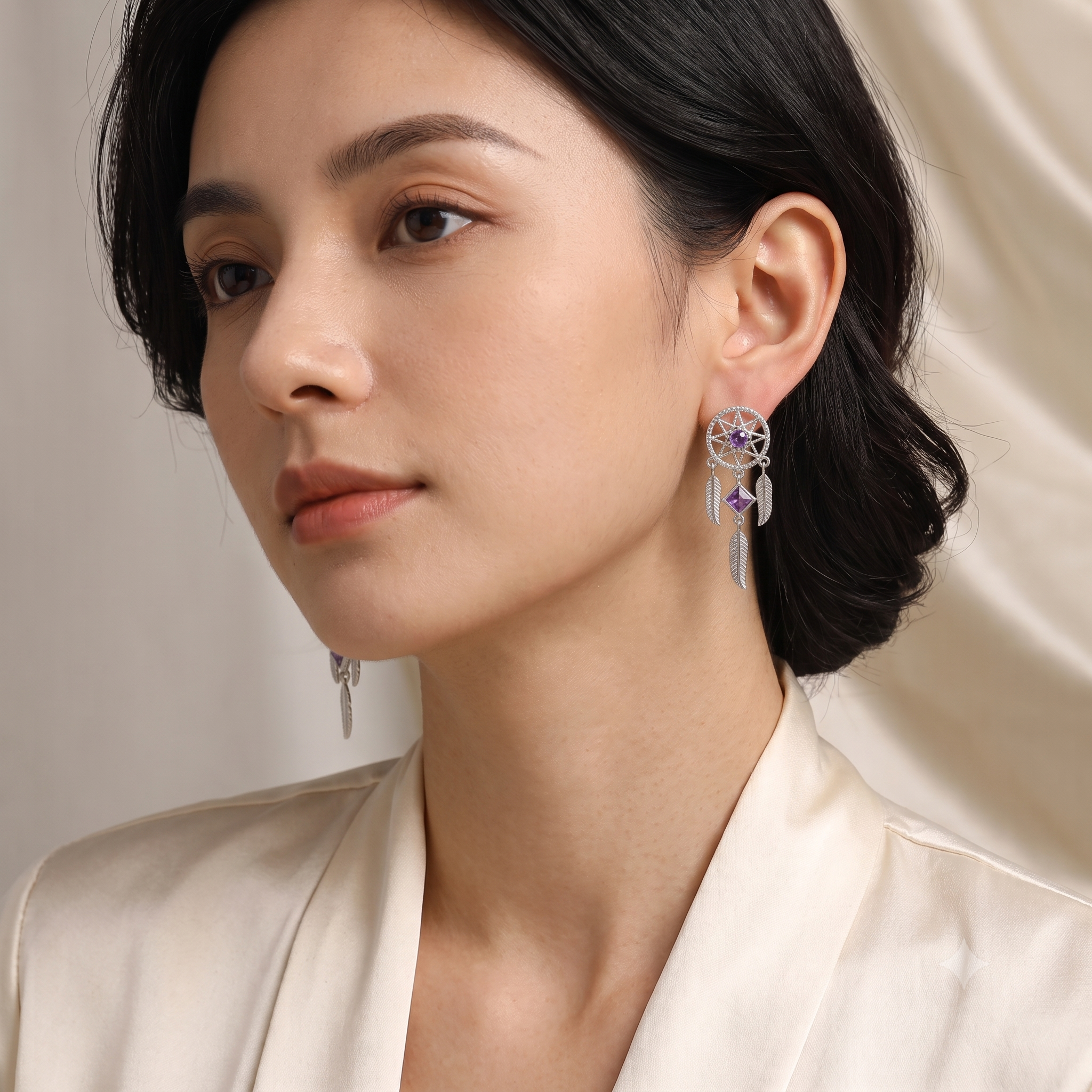 Silver Amethyst Dream Catcher Earrings
