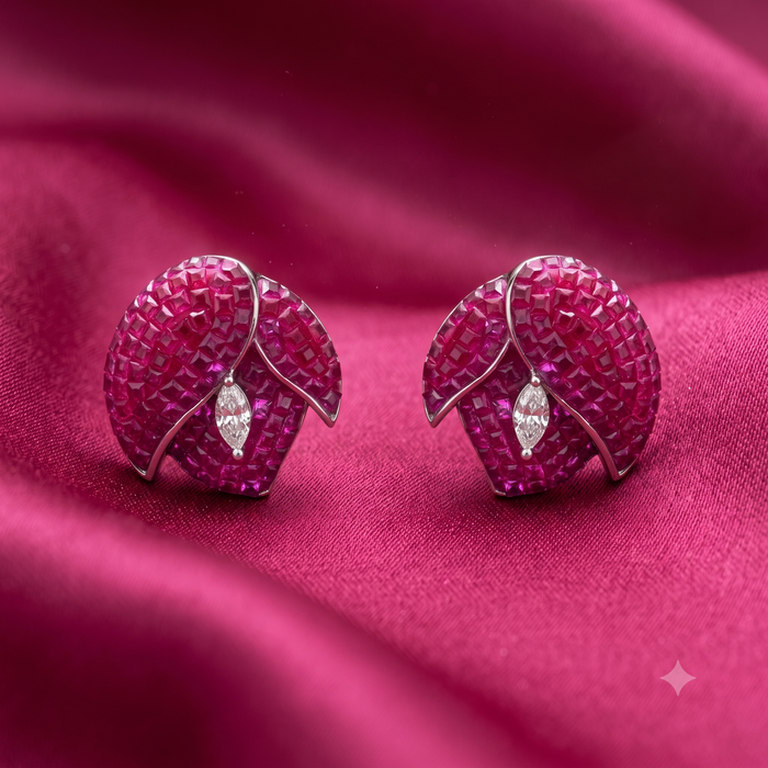 Silver Siberian Ruby Red Flower Earrings