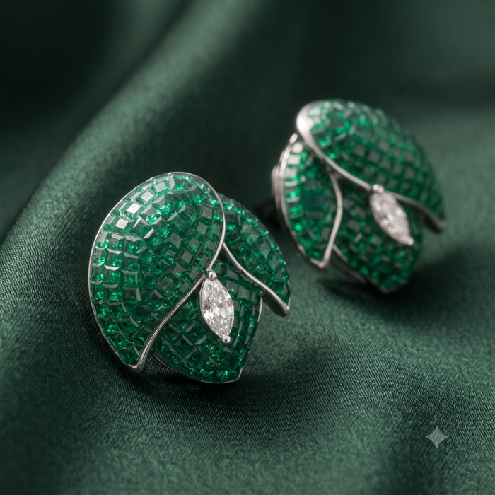 Silver Siberian Emerald Green Flower Earrings