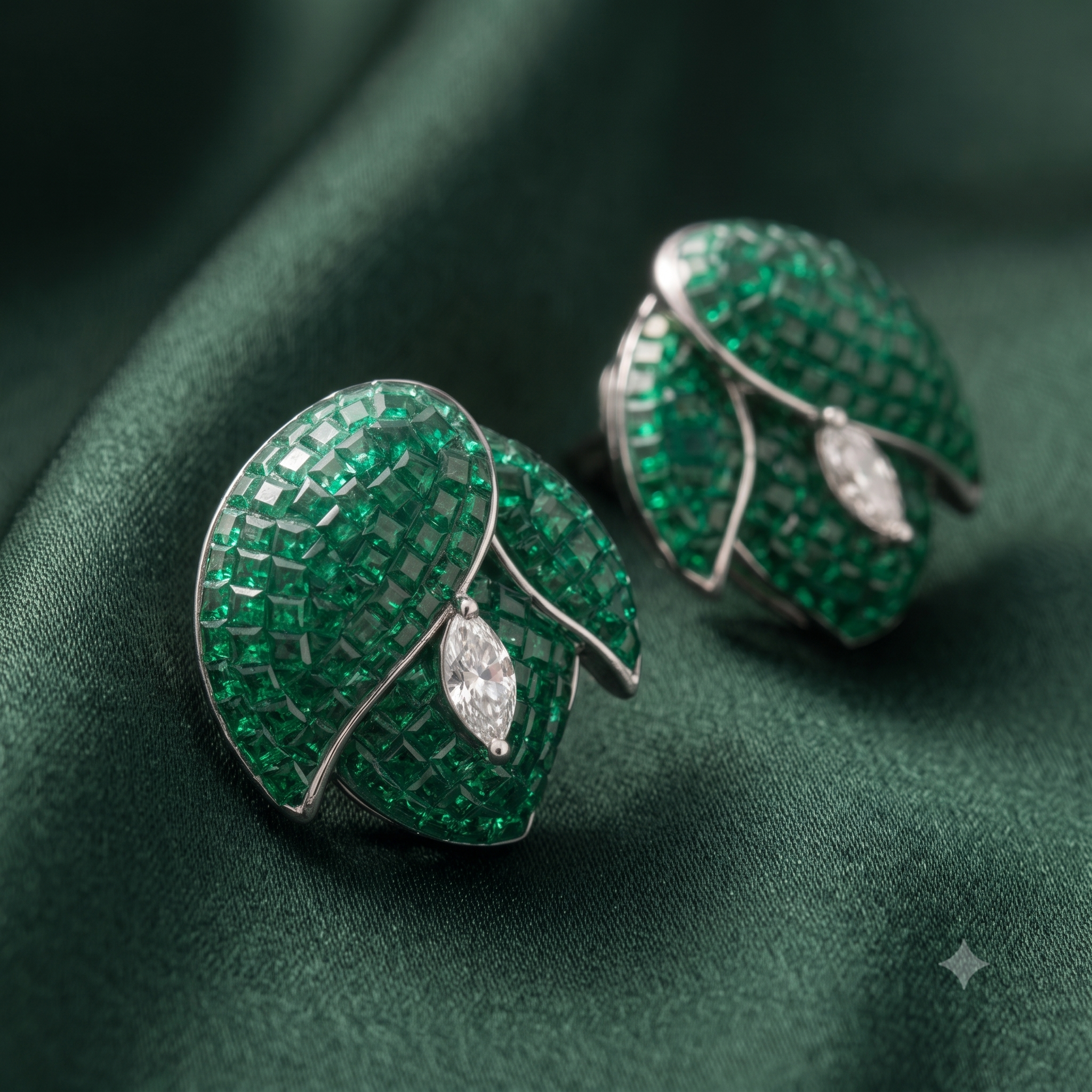 Silver Siberian Emerald Green Flower Earrings