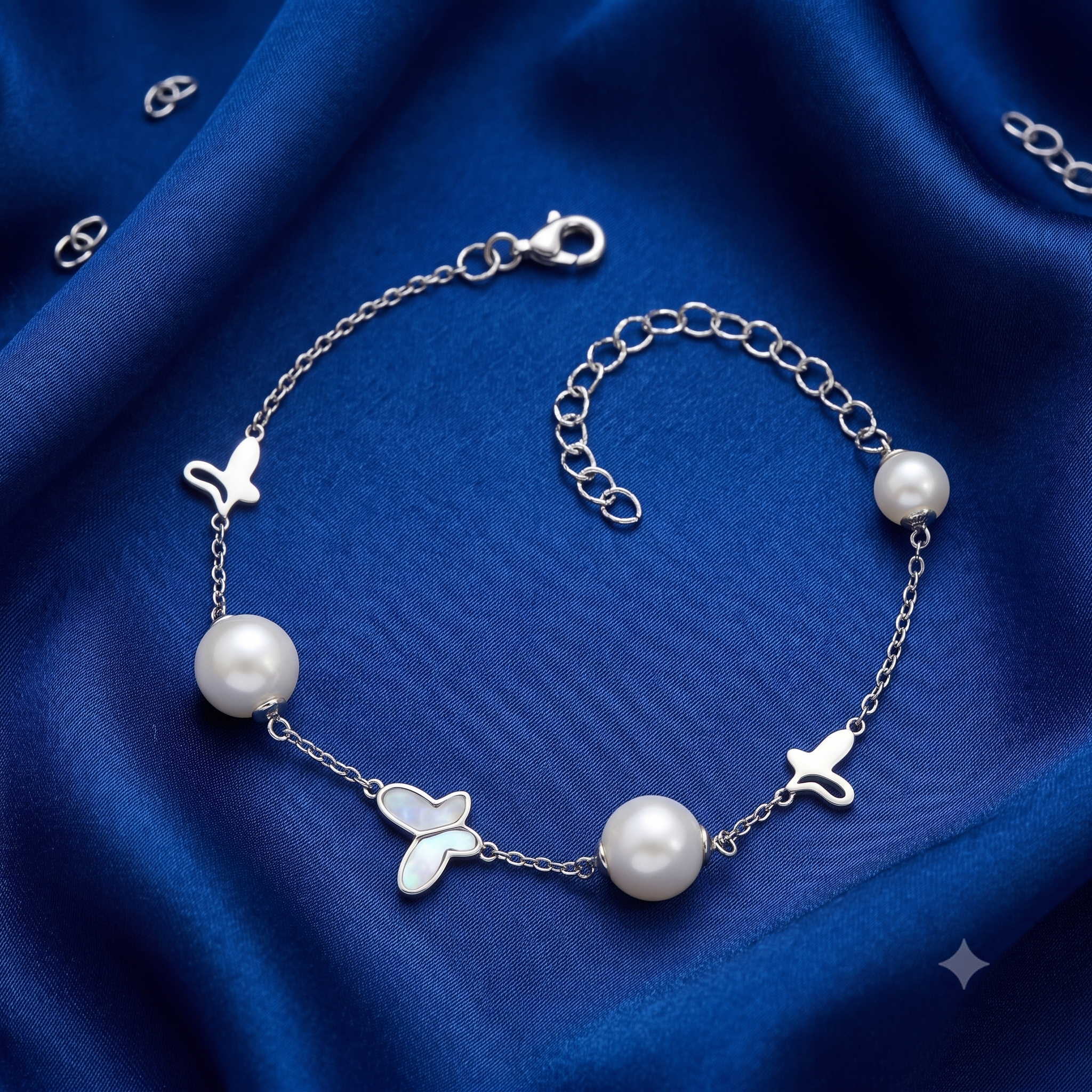 Silver Dangling Butterfly Pearl Bracelet