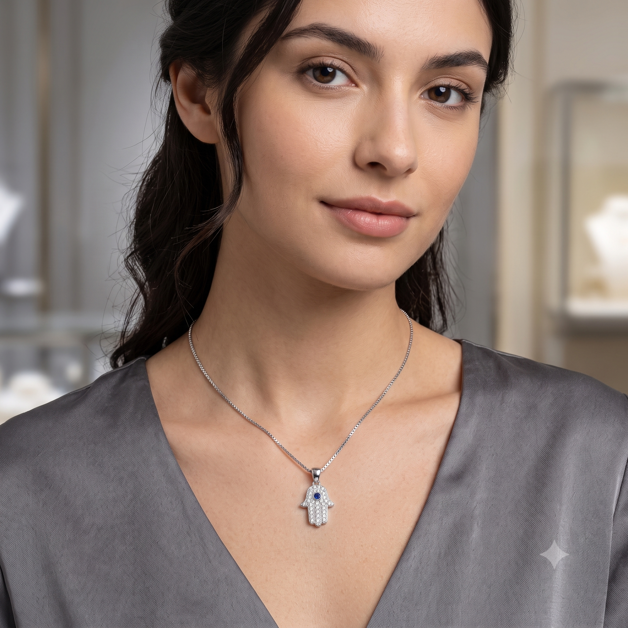Silver Sparkling Hamsa Pendant