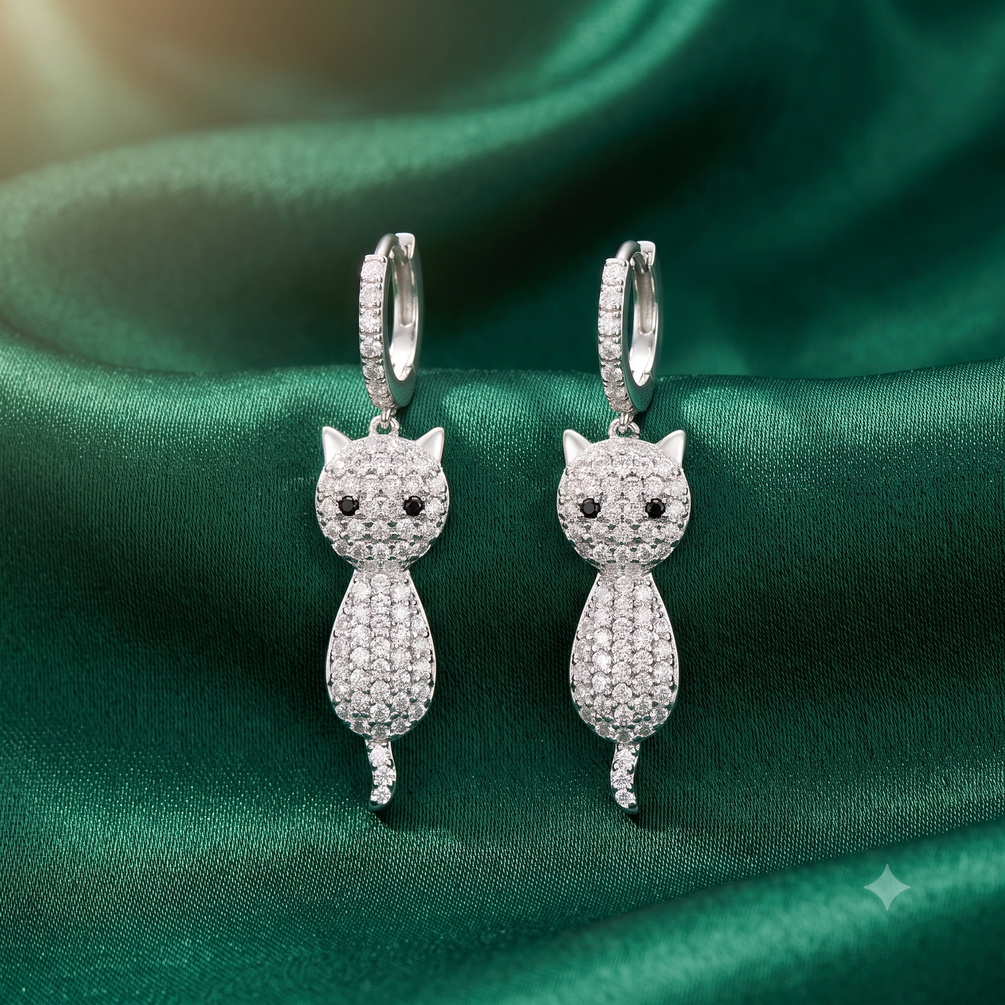 Silver Dangling Cute Cat Hoop Earrings