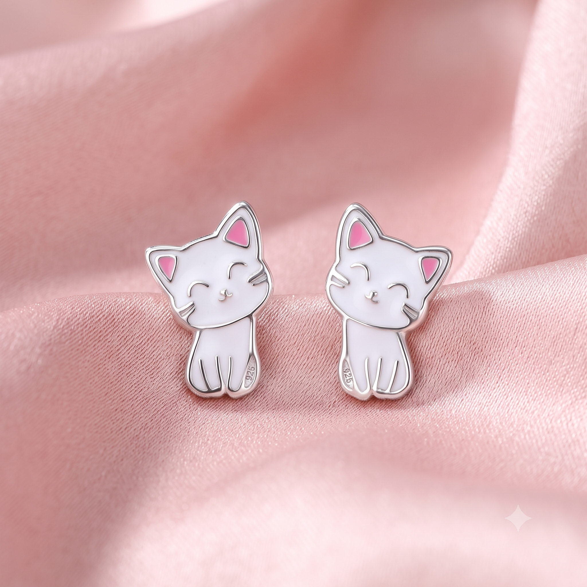Silver Kids Cute Cat Screw Back Earrings