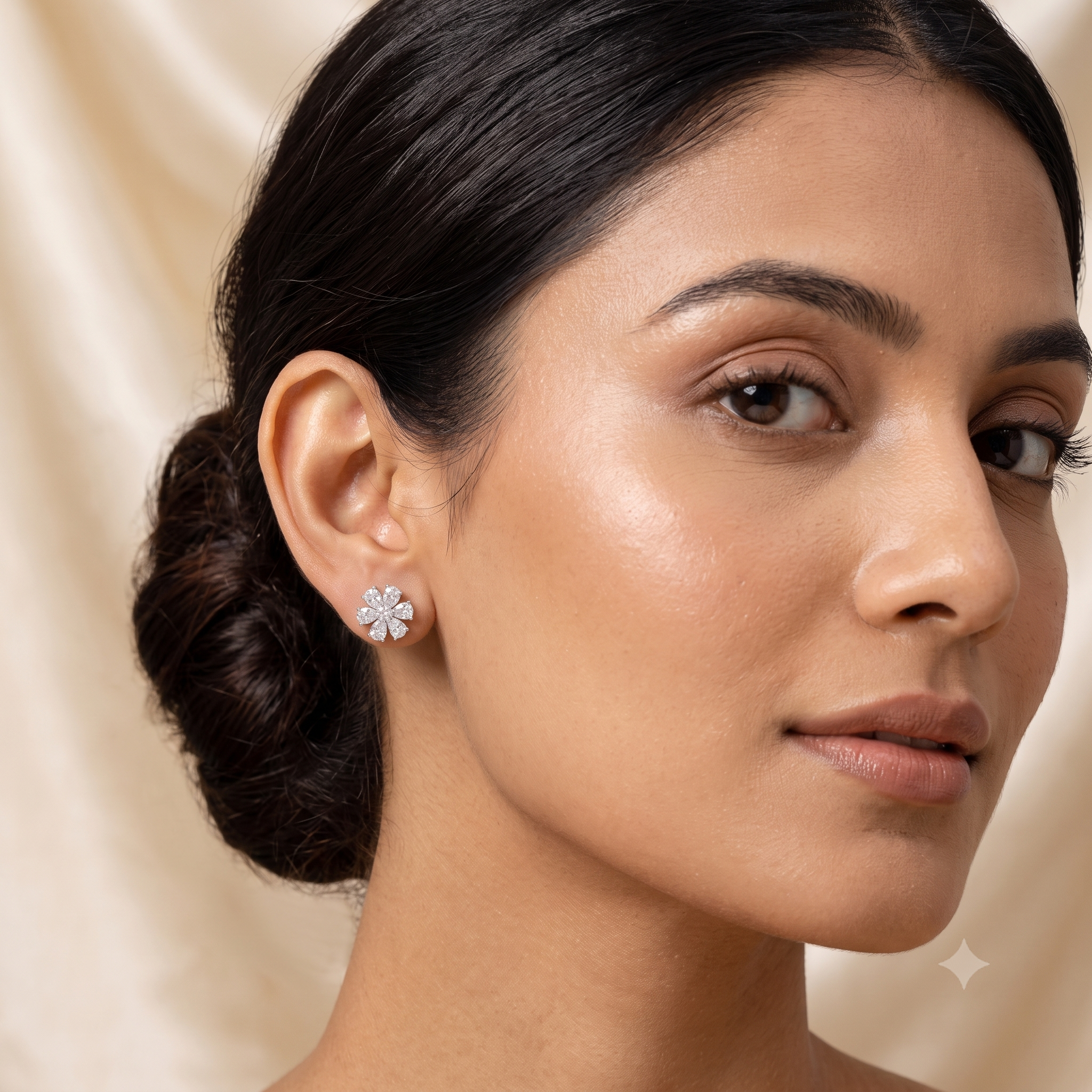 Silver Sparkling Floral Solitaires Earrings