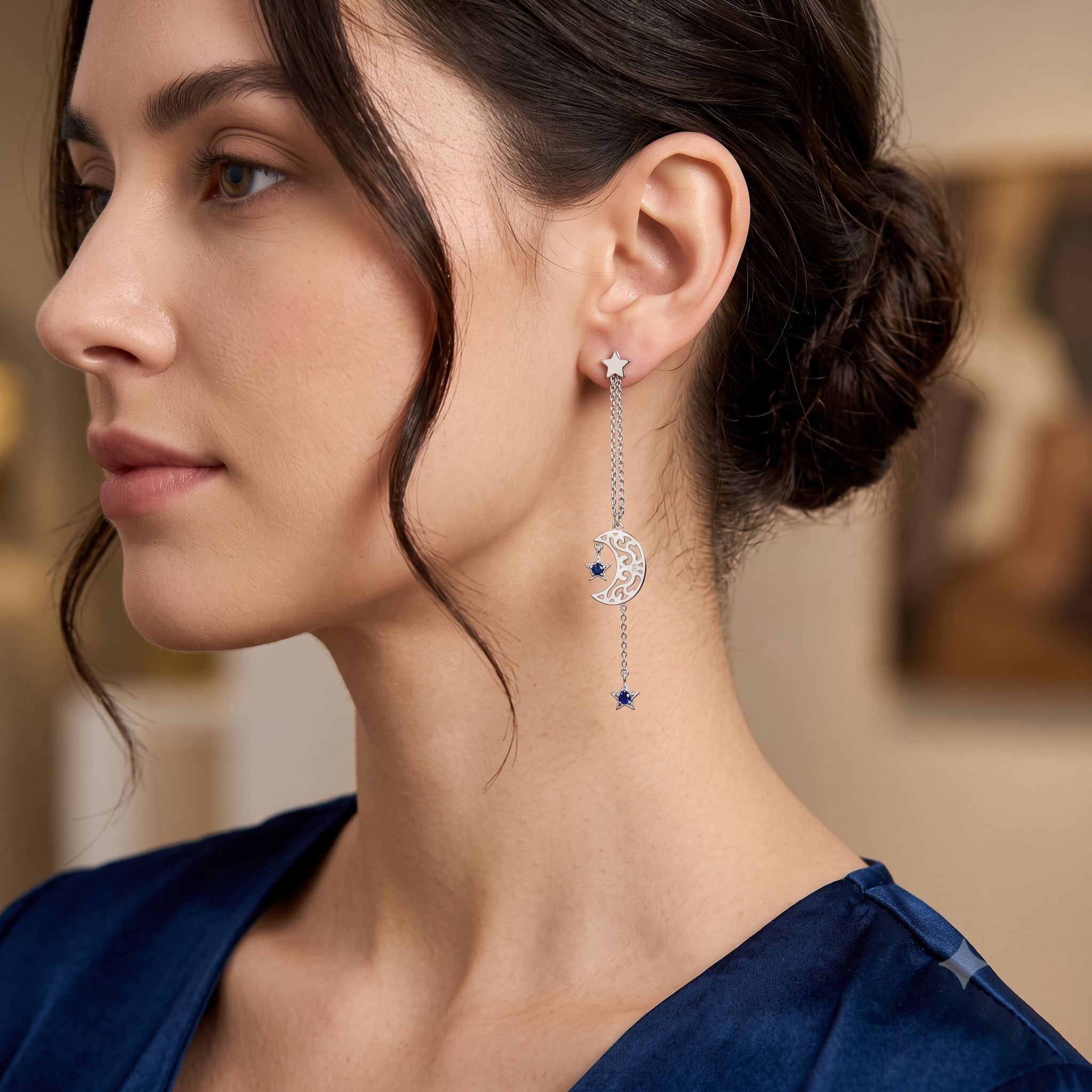 Silver Dangling Star n Moon Earrings