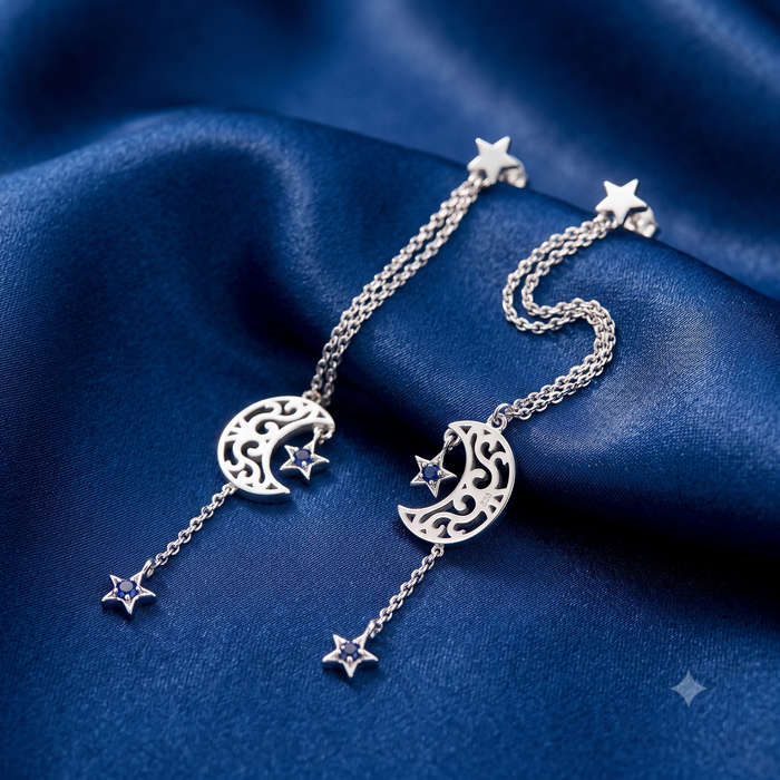 Silver Dangling Star n Moon Earrings