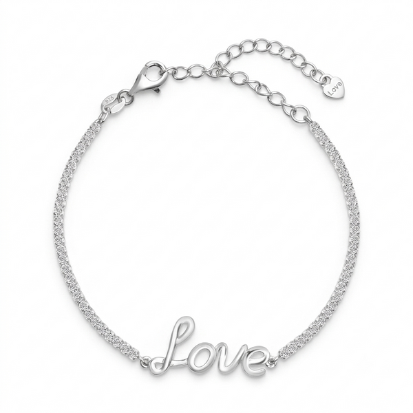 A silver chain bracelet featuring a cursive 'Love' script charm at the bottom, displayed on a clean white background.