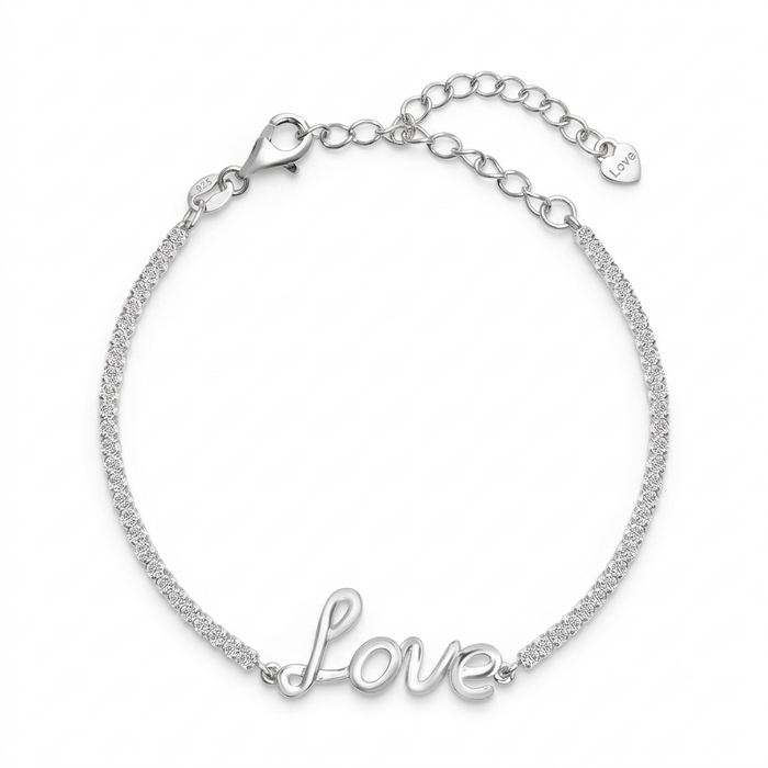 A silver chain bracelet featuring a cursive 'Love' script charm at the bottom, displayed on a clean white background.