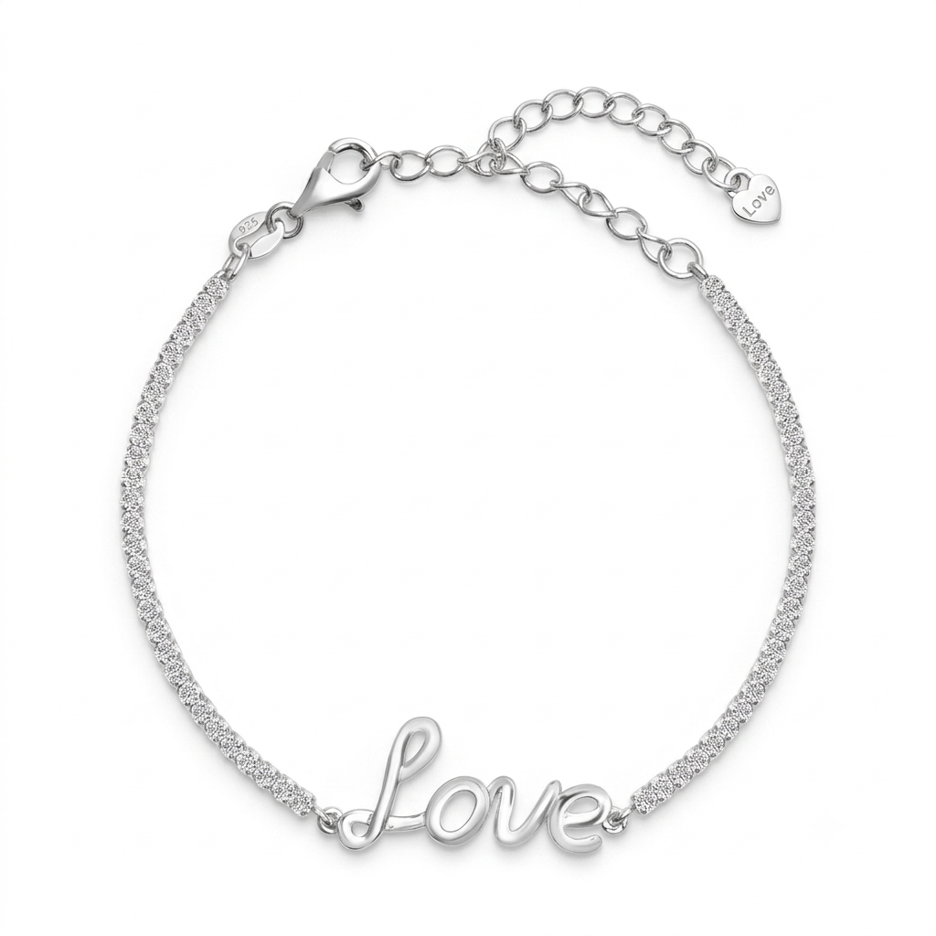 A silver chain bracelet featuring a cursive 'Love' script charm at the bottom, displayed on a clean white background.