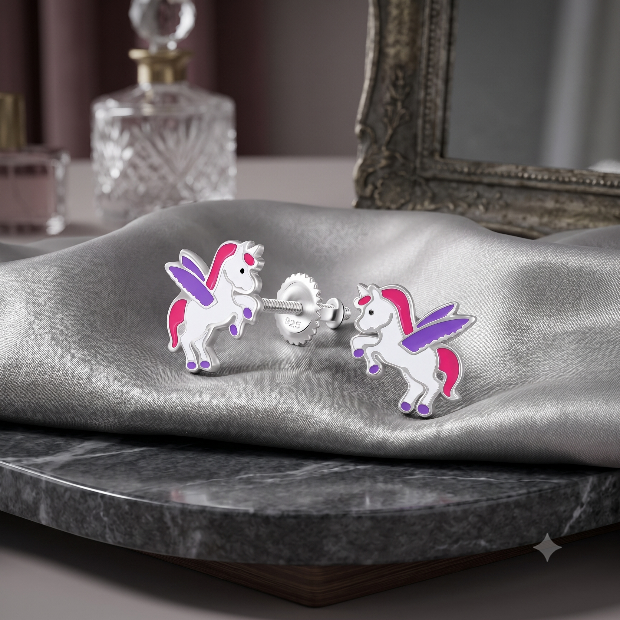 Silver Kids Winged Unicorn Screw Back Earrings
