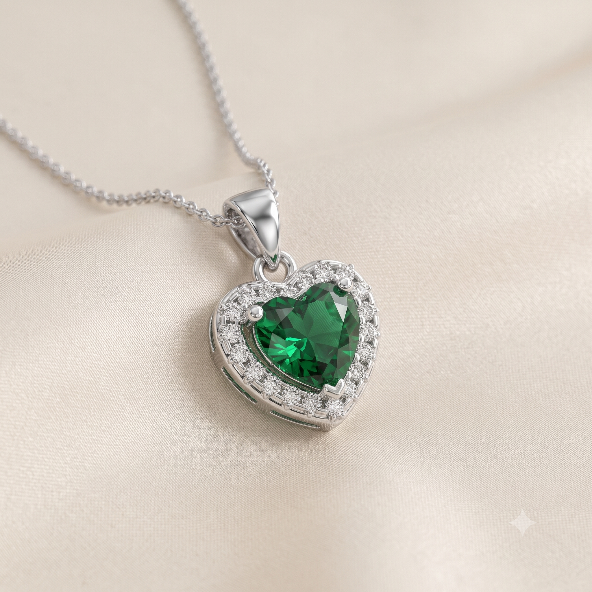 Silver Sparkling Awe Heart Emerald Green Pendant