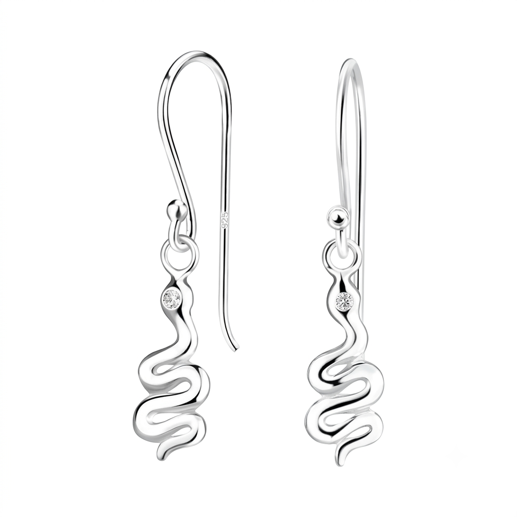 A pair of silver drop earrings with a wavy, snake-like spiral design, each featuring a small round clear gemstone near the top, shown against a plain white background.
