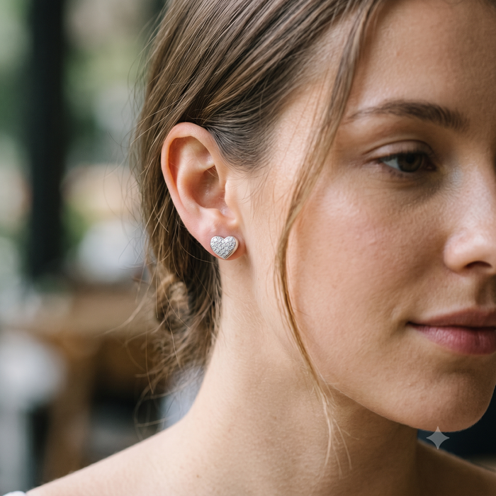 Silver Sparkling Heart Stud Earrings
