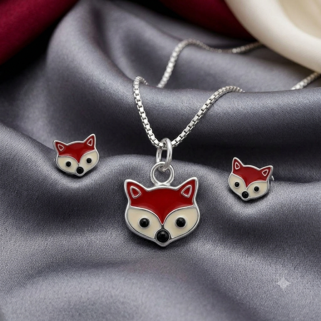 Silver Little Fox Necklace Set