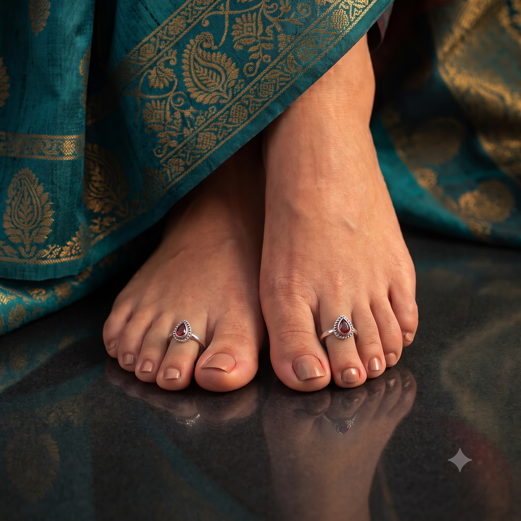 Silver Oxidized Red Royal Drop Toe Rings