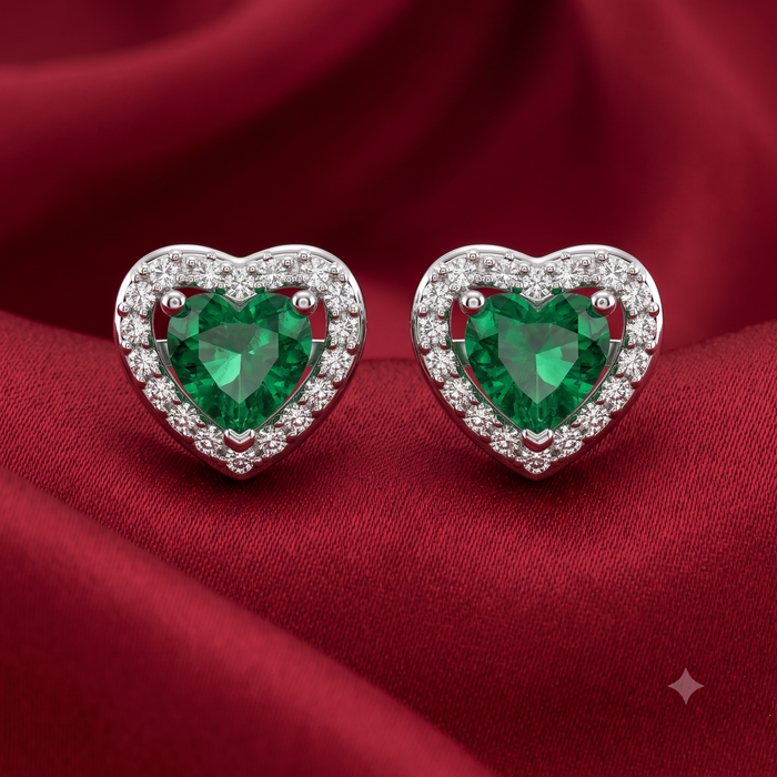 Silver Sparkling Awe Heart Emerald Green Earrings