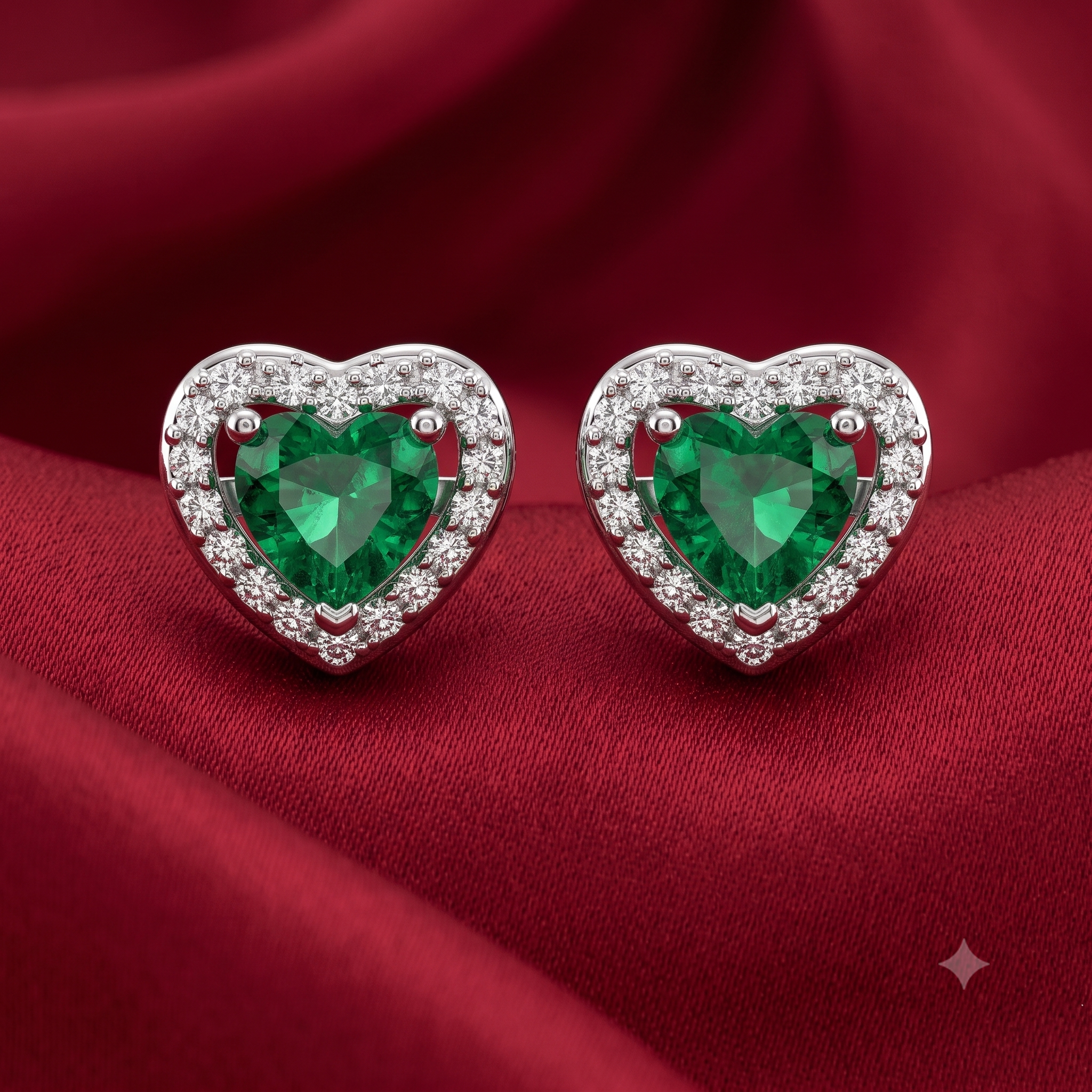 Silver Sparkling Awe Heart Emerald Green Earrings