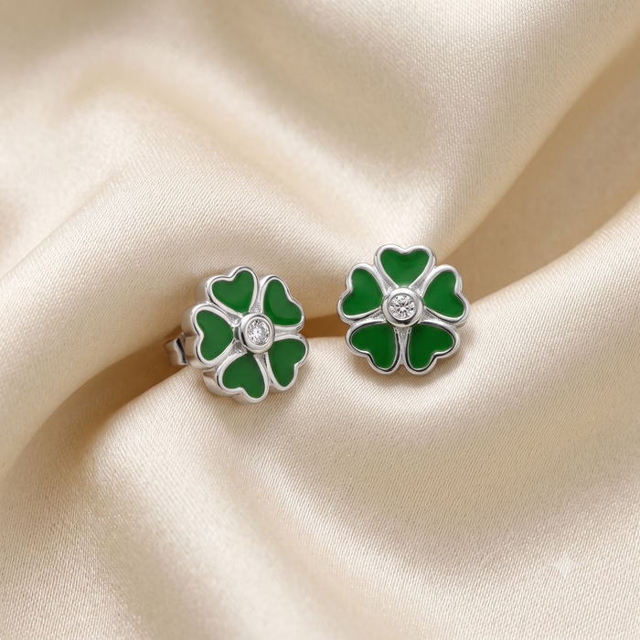 Silver Sparkling Green Alberta Rose Flower Earrings