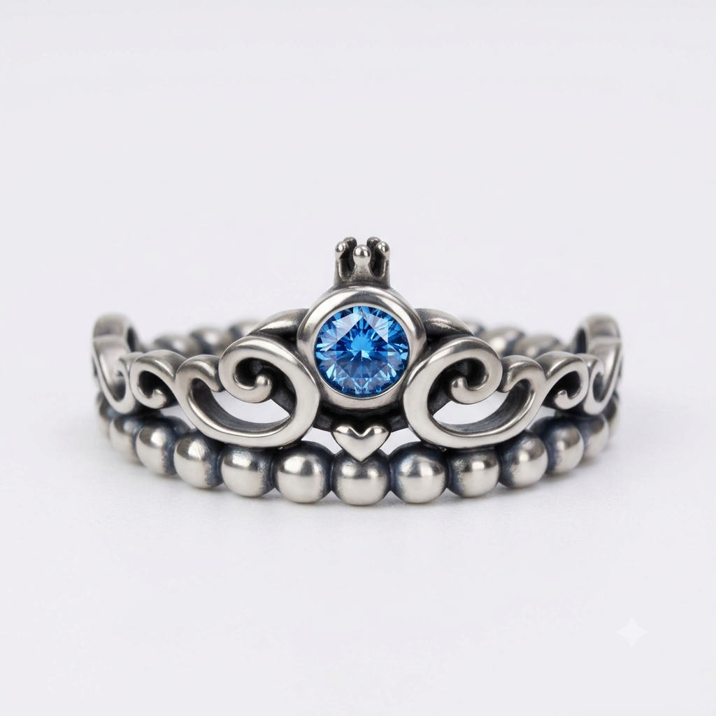 Silver Aquamarine Blue Oxidised Tiara Ring