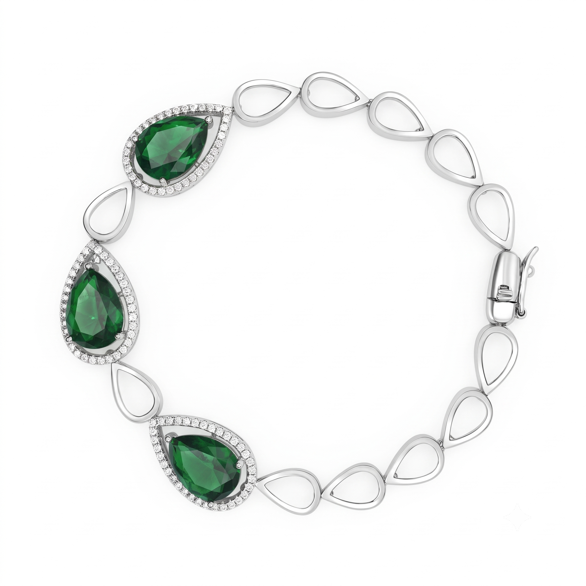 A silver link bracelet featuring three large teardrop-shaped green emerald-cut gemstones, each surrounded by a halo of small clear stones, set against a plain white background.