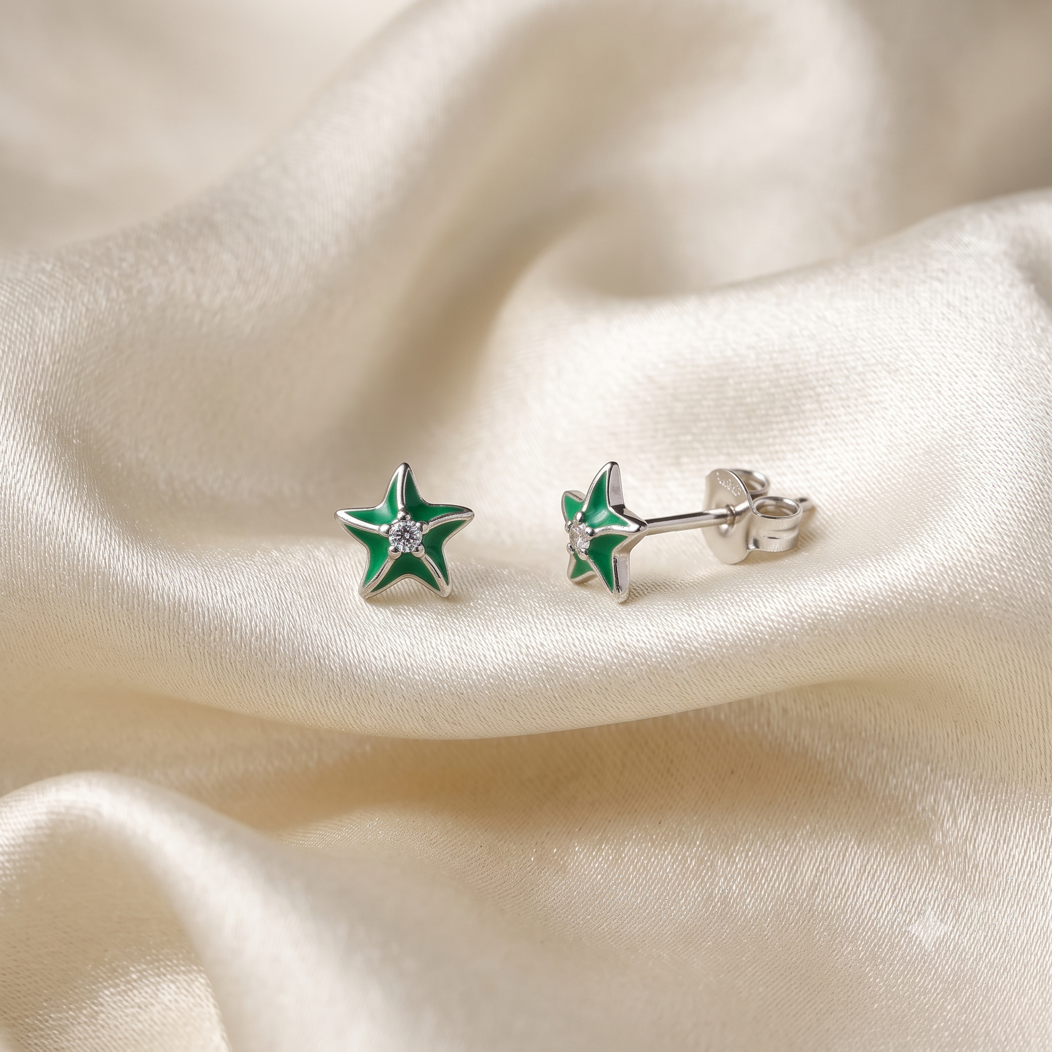 Silver Sparkle on Green Star Fish Earrings