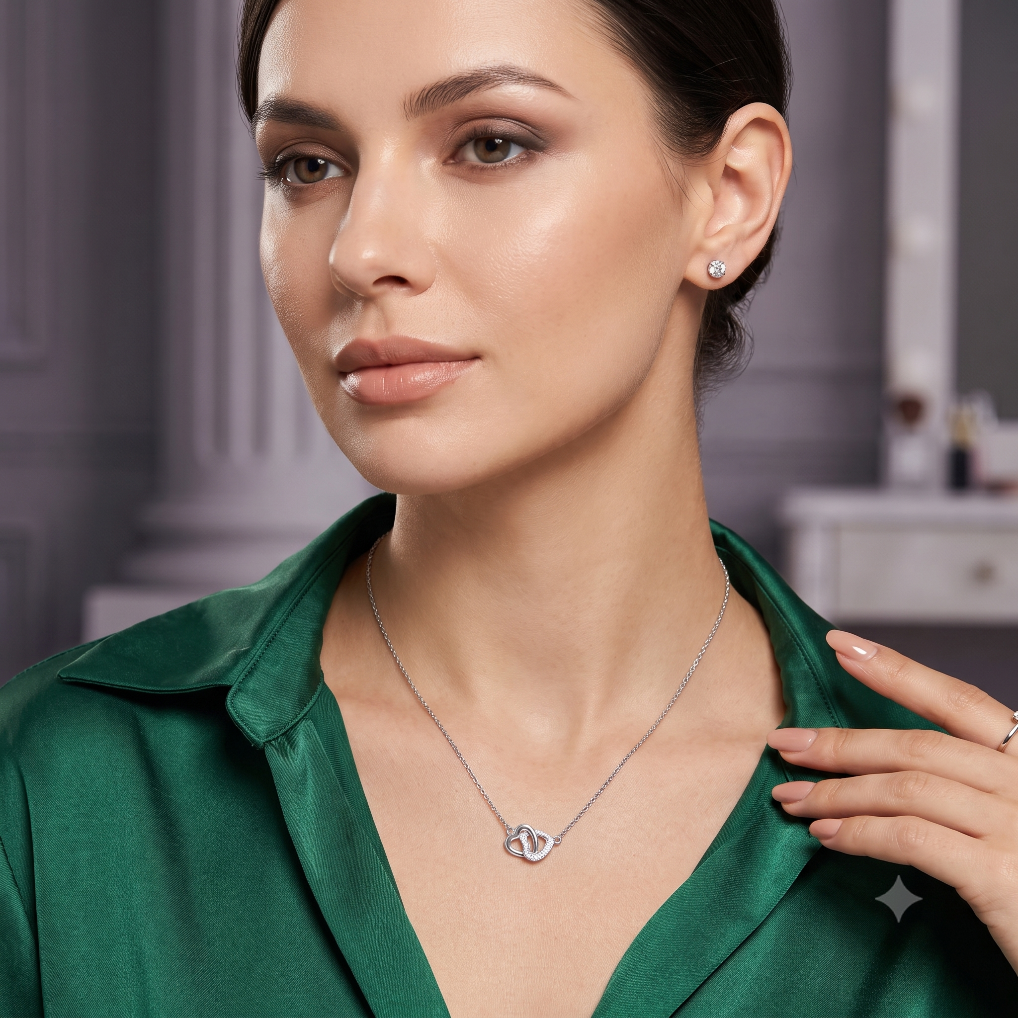 Silver Intertwined Sparkling Hearts Necklace