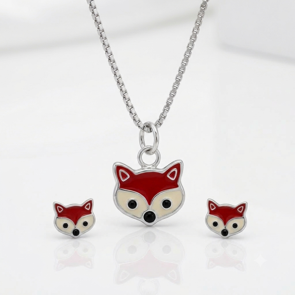 Silver Little Fox Necklace Set