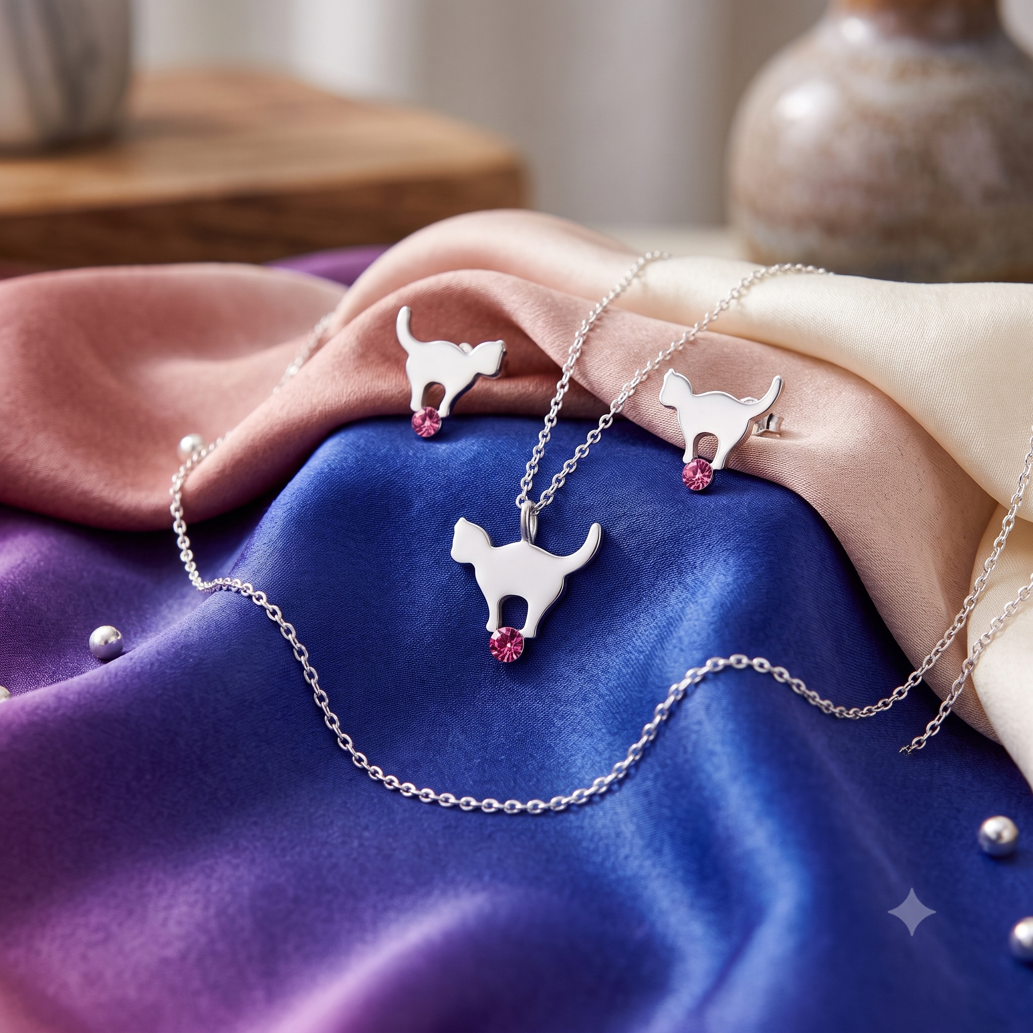 Silver Cat Necklace Set