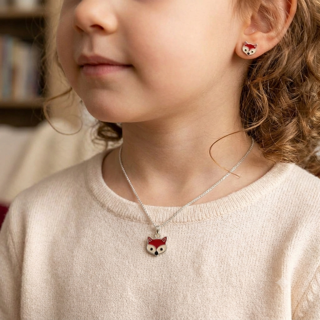 Silver Little Fox Necklace Set