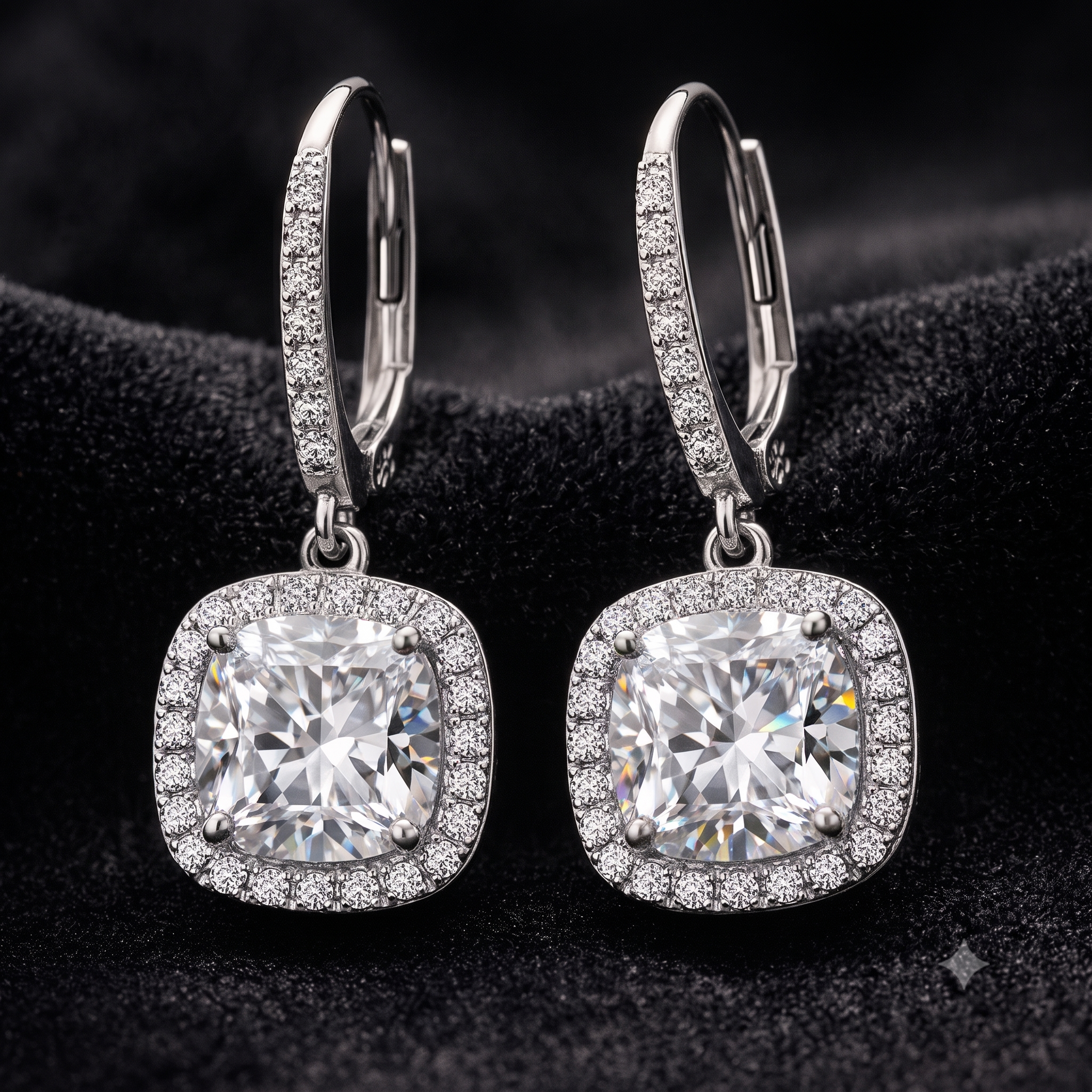 A pair of silver-toned cushion-cut drop earrings with halo settings and leverback hoops, set with clear stones on a black textured background.