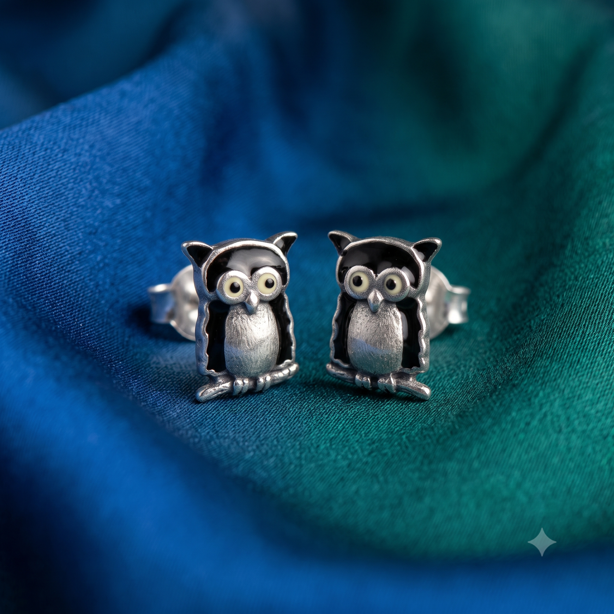 Silver Black Owl Earrings