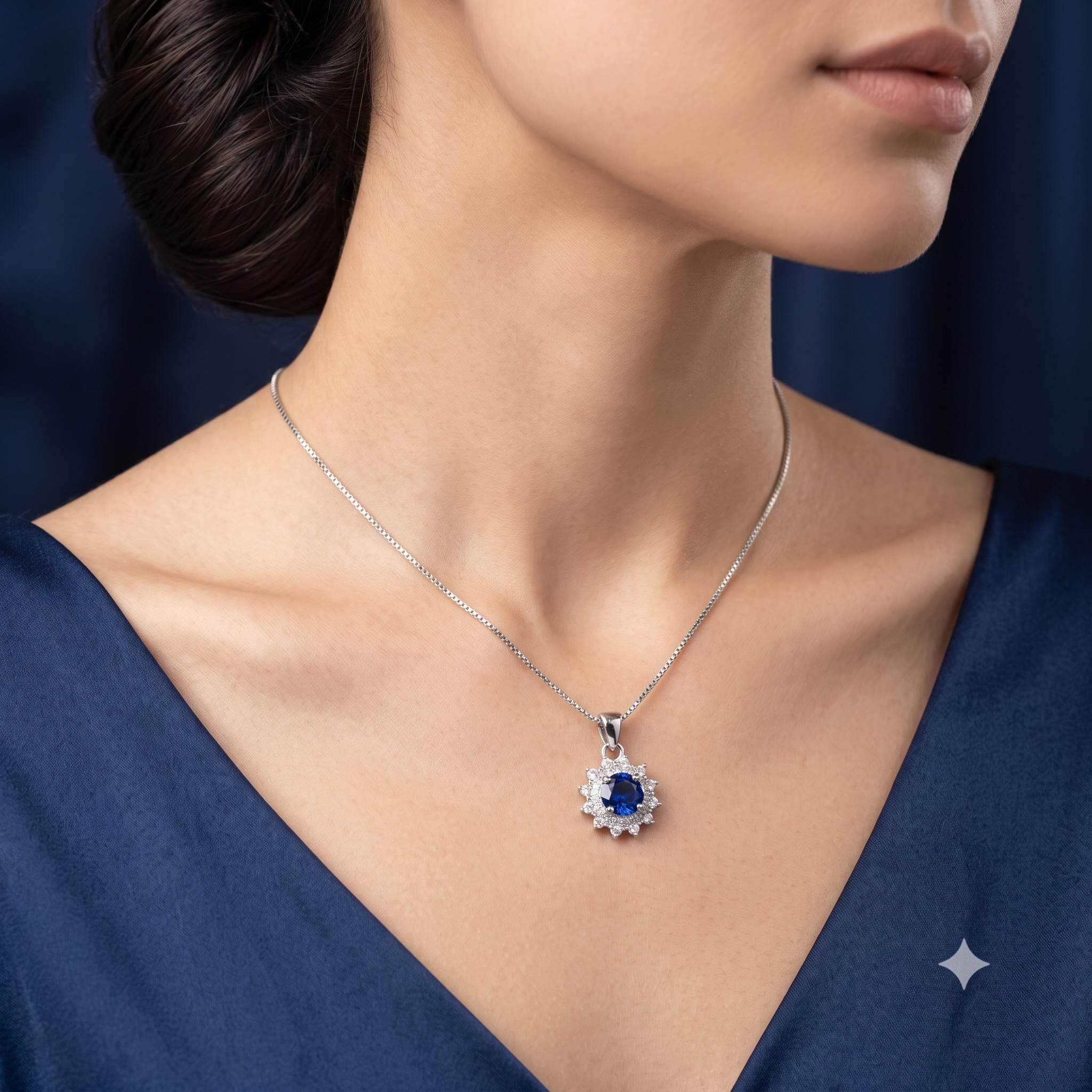 Silver Sparkling Sapphire Blue Pendant with Link Chain