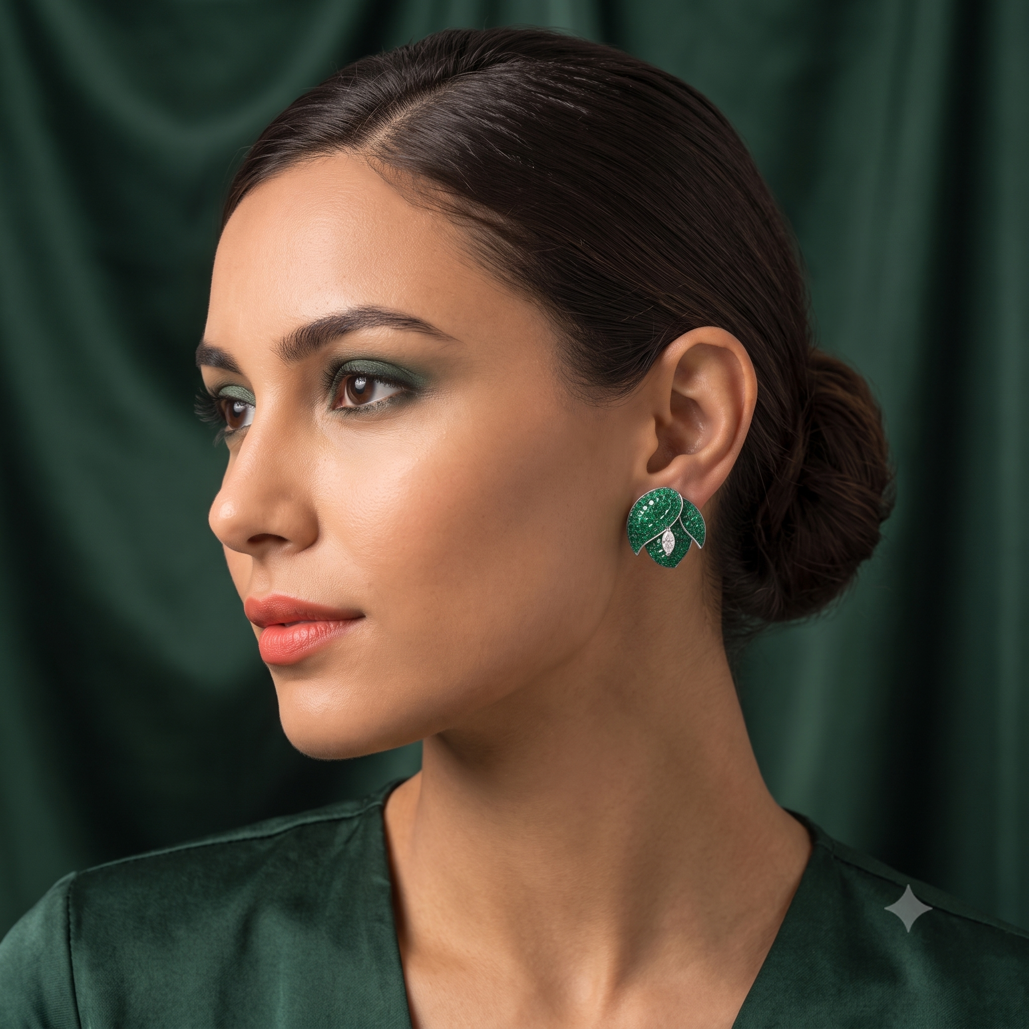 Silver Siberian Emerald Green Flower Earrings