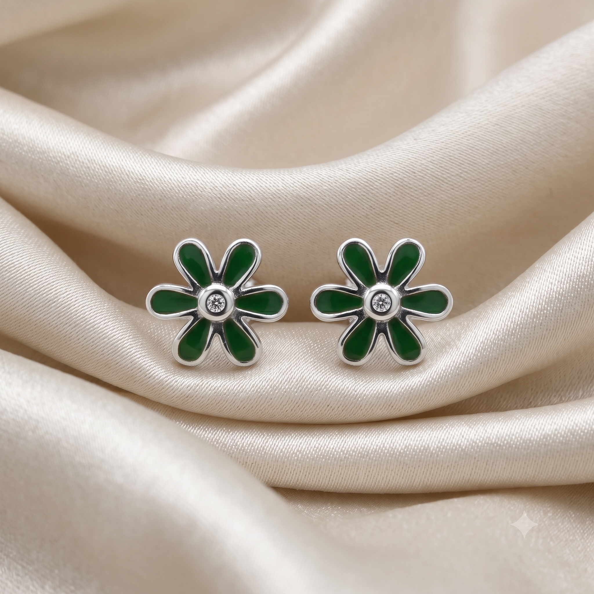 Silver Sparkling Green Flower Earrings