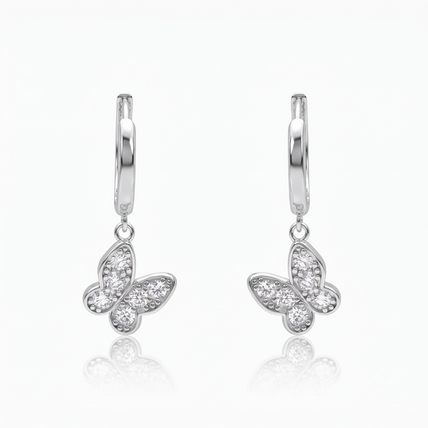 Silver Dangling Butterfly Charm Hoop Earrings