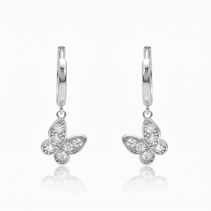 Silver Dangling Butterfly Charm Hoop Earrings