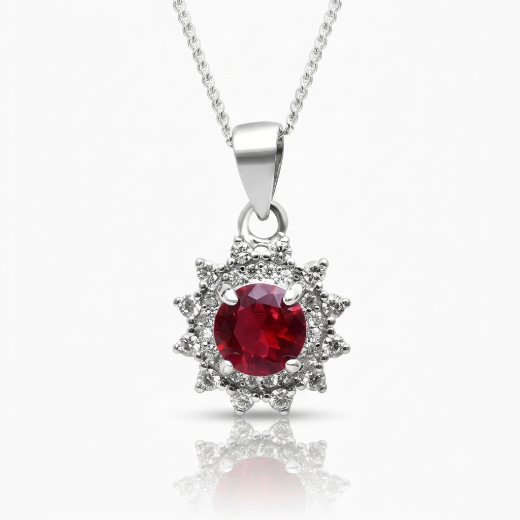 Silver Sparkling Ruby Red Pendant with Link Chain