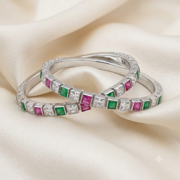 Silver Multitone Gemstone Bangle (Set of 2)