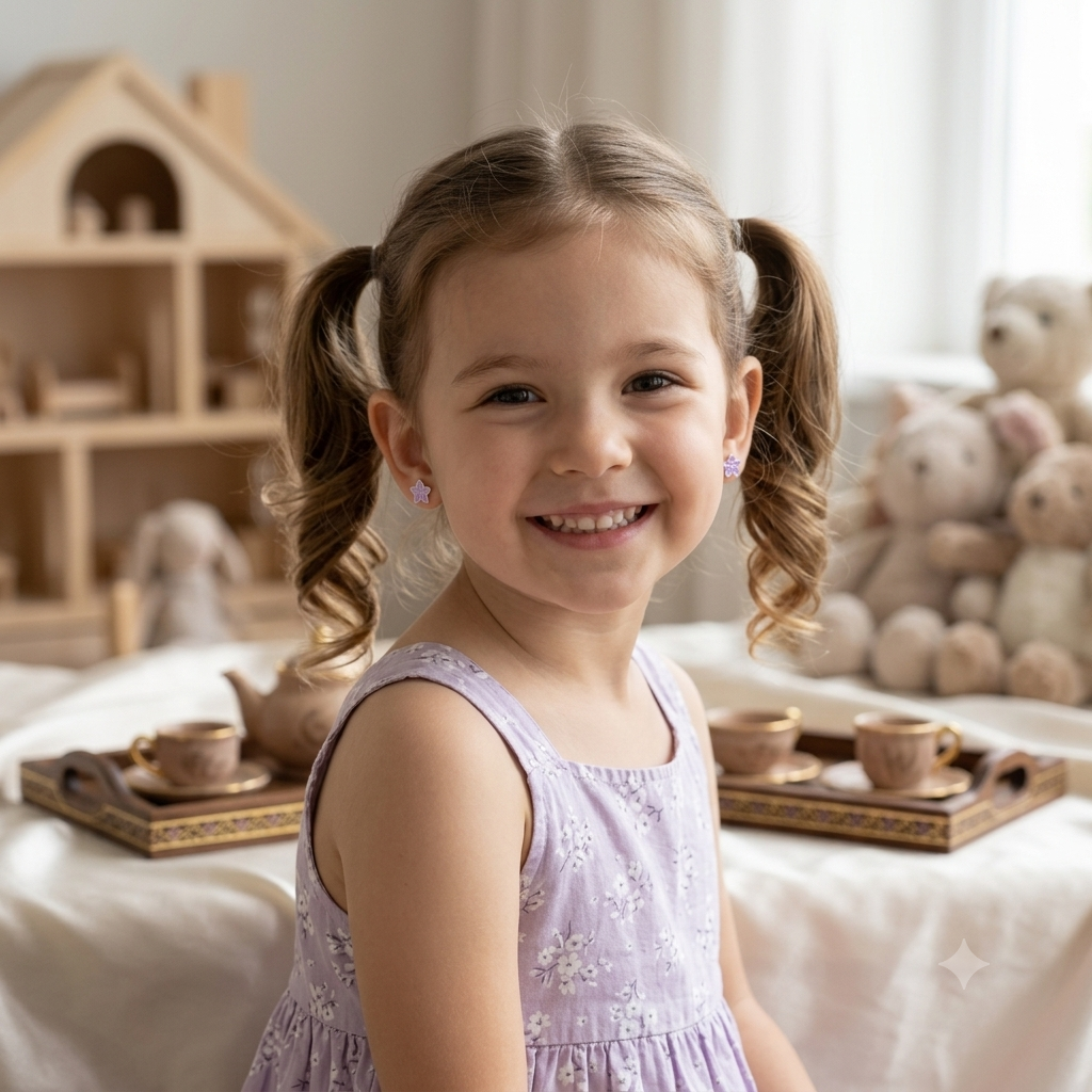 A young girl with curly brown hair in pigtails smiles while wearing a lavender sleeveless dress with white floral embroidery. She is posed in a cozy, softly lit room with wooden toys and stuffed animals in the background.