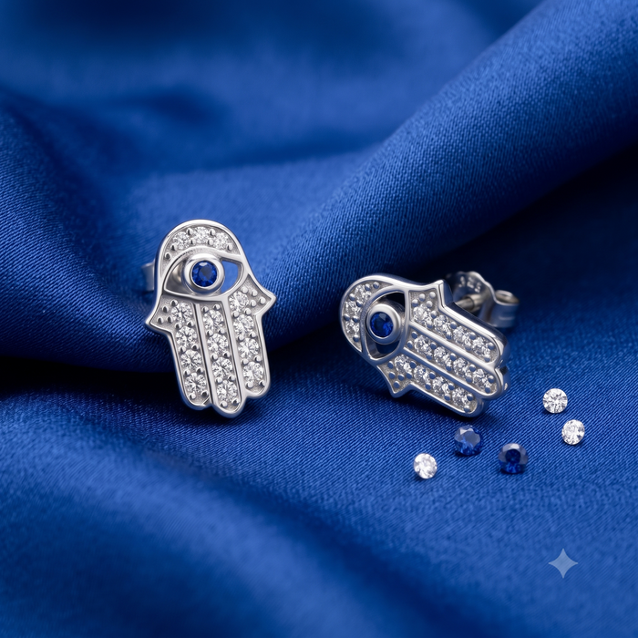 Silver Hamsa Evil Eye Earrings