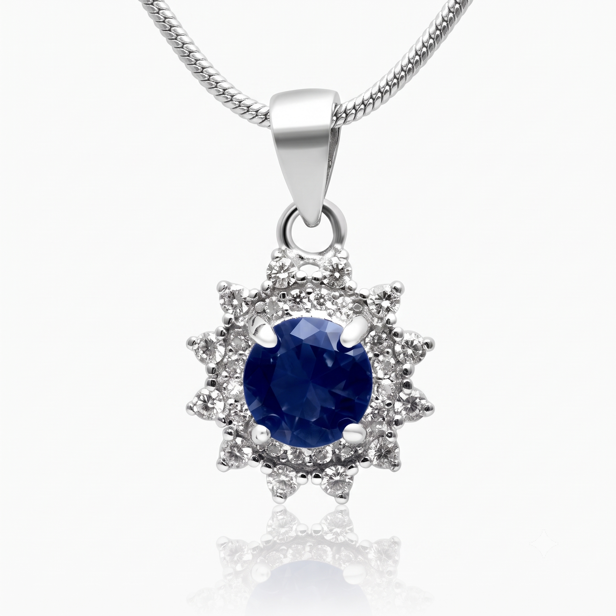Silver Sparkling Sapphire Blue Pendant with Link Chain