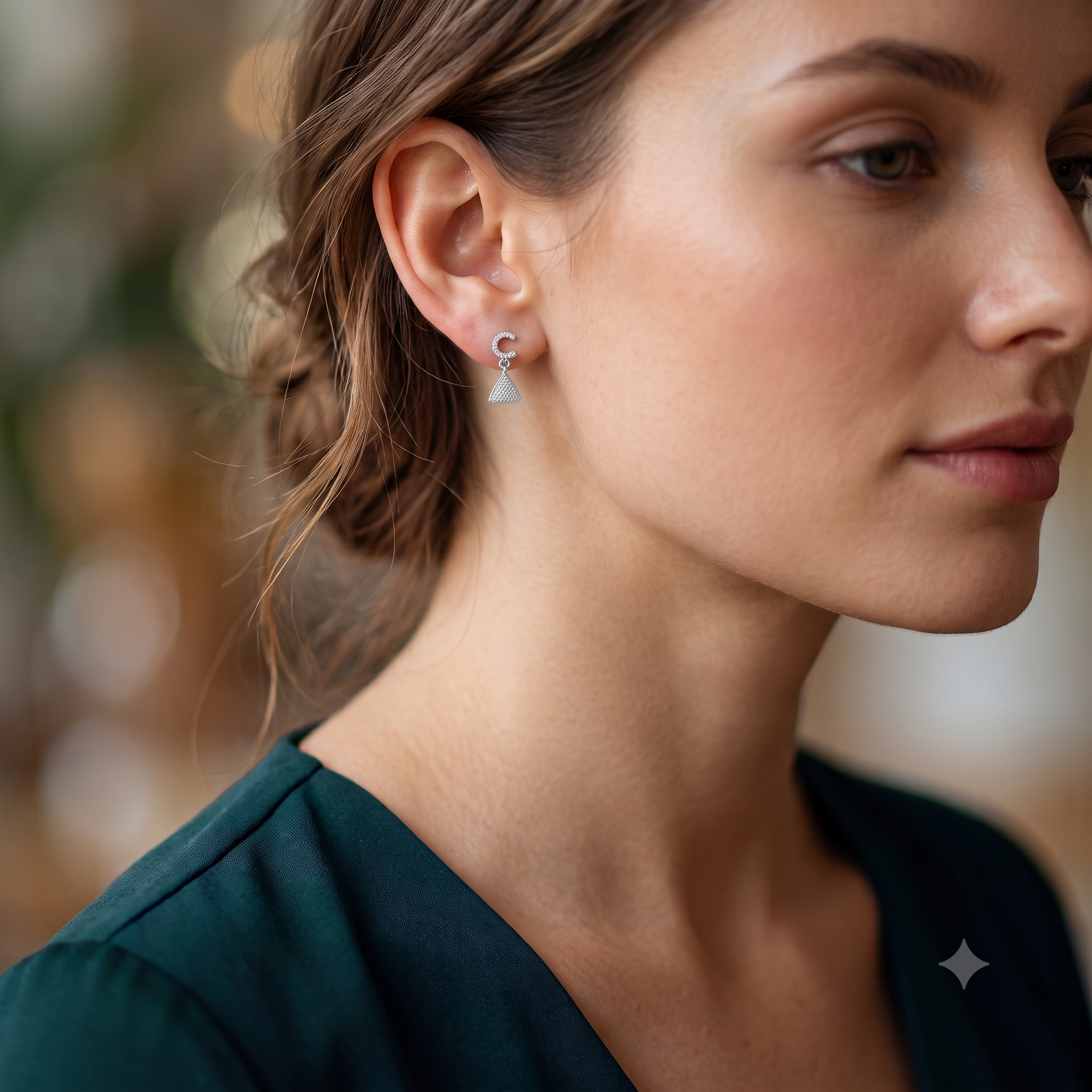 Silver Sparkling C with Dangling Triangle Earrings
