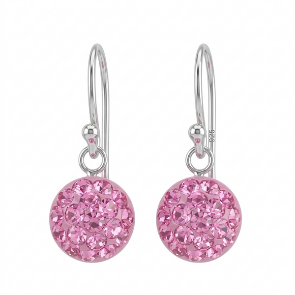 A pair of silver leverback earrings featuring round pink crystal clusters, shown against a plain white background.
